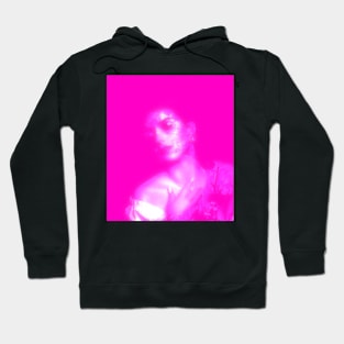 Beautiful girl, her skin made from particles, glowing. Bright pink. Soft and beautiful. Hoodie